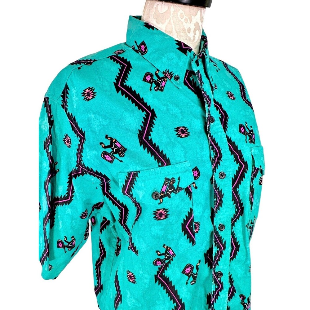 Vintage Wrangler Western Shirt Aztec Teal Cowboy Cut X-Long Tails Men's 17 - Picture 3 of 13